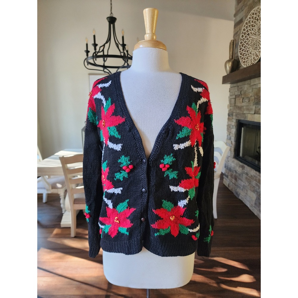 Portraits by‎ Northern Isles Christmas Poinsettia Cardigan Sweater Hand Knit